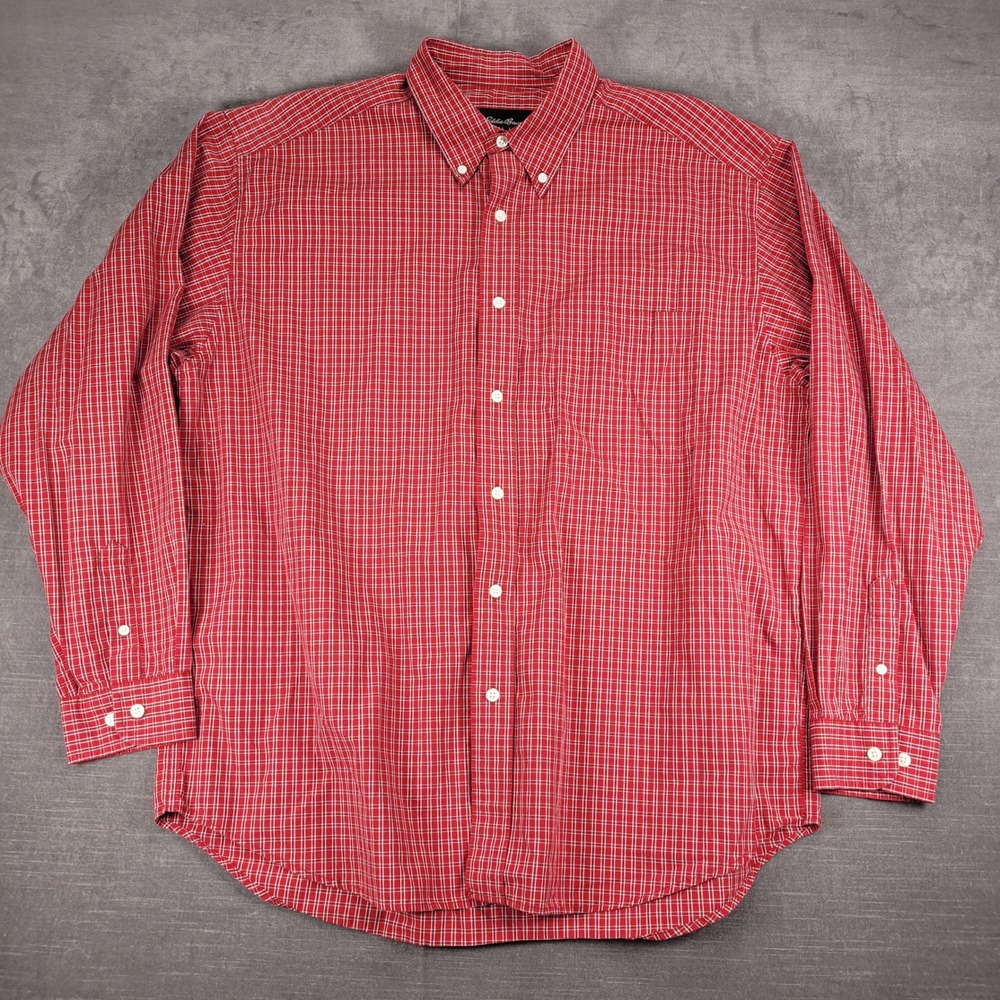 Eddie Bauer Vintage Plaid Button Down Long Sleeve Preppy Shirt Mens‎ Red White L